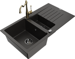 Mexen Matias 1.5-compartment granite sink with a drip tray and kitchen mixer tap Carla Black/Gold metallic - 6502-75-670700-50-B