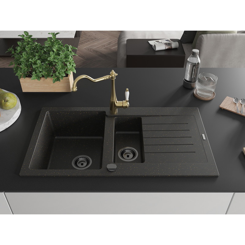 Mexen Matias 1.5-bowl granite sink with drainer and Carla kitchen faucet black/golden metallic - 6502-75-670700-50-B