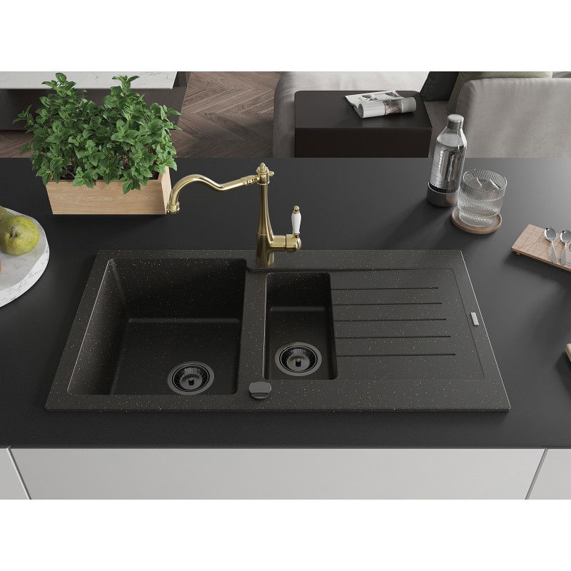 Mexen Matias granite sink 1.5-bowl with drainer and Carla kitchen tap black/gold metallic - 6502-75-670700-50-B