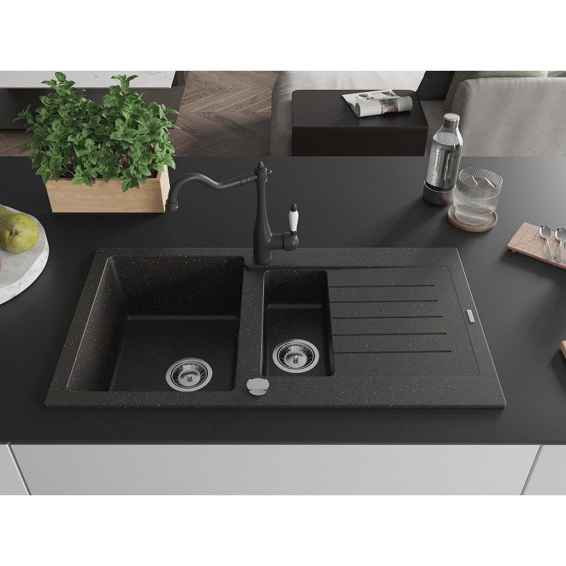 Mexen Matias granite sink 1.5-bowl with drainer and kitchen faucet Carla black/golden metallic - 6502-75-670700-70