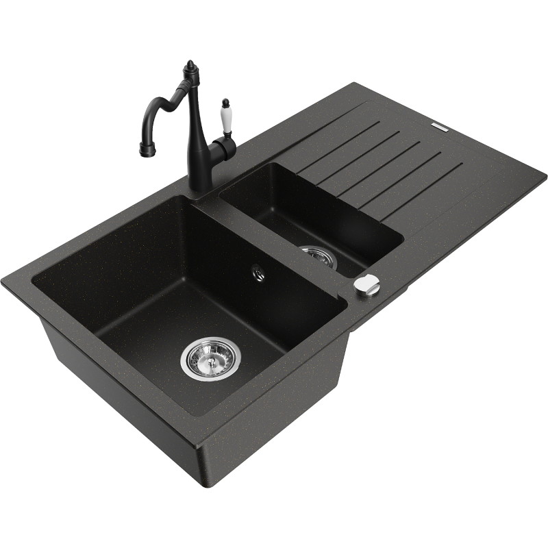 Mexen Matias 1.5-basin granite sink with drainer and Carla kitchen faucet black/gold metallic - 6502-75-670700-70