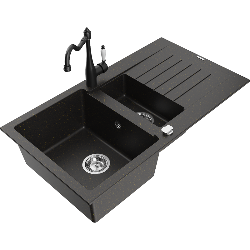 Mexen Matias granite sink 1.5-bowl with drainer and kitchen faucet Carla black/golden metallic - 6502-75-670700-70