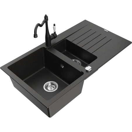 Mexen Matias granite sink 1.5-bowl with drainer and Carla kitchen tap black/gold metallic - 6502-75-670700-70