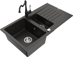 Mexen Matias 1.5-compartment granite sink with a drip tray and kitchen mixer tap Carla Black/Gold metallic - 6502-75-670700-70