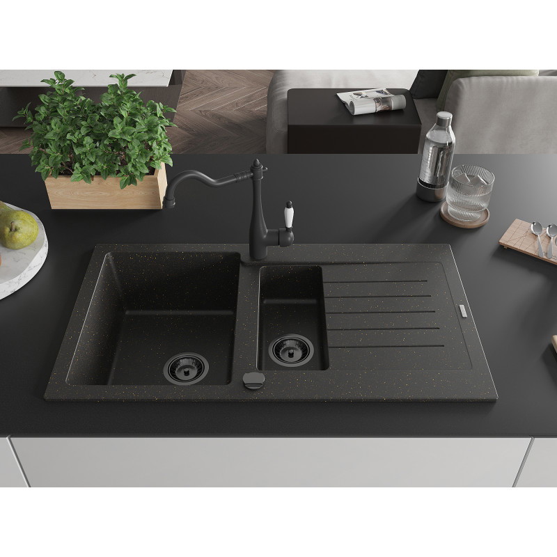Mexen Matias granite sink 1.5-bowl with drainer and Carla kitchen faucet black/gold metallic - 6502-75-670700-70-B