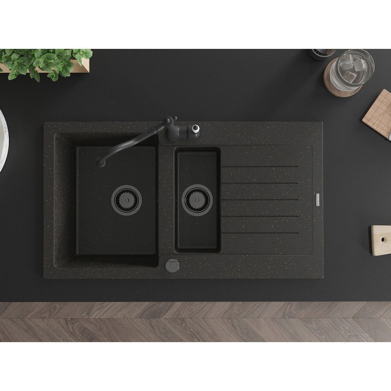 Mexen Matias granite sink 1.5-bowl with drainer and kitchen tap Carla black/gold metallic - 6502-75-670700-70-B