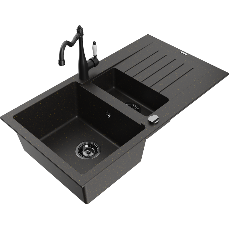 Mexen Matias granite sink 1.5-bowl with drainer and Carla kitchen faucet black/gold metallic - 6502-75-670700-70-B
