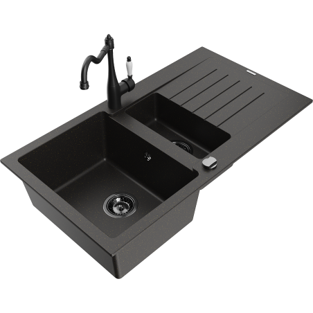 Mexen Matias granite sink 1.5-bowl with drainer and Carla kitchen faucet black/gold metallic - 6502-75-670700-70-B