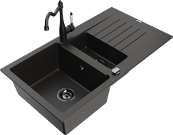 Mexen Matias 1.5-compartment granite sink with a drip tray and kitchen mixer tap Carla Black/Gold metallic - 6502-75-670700-70-B
