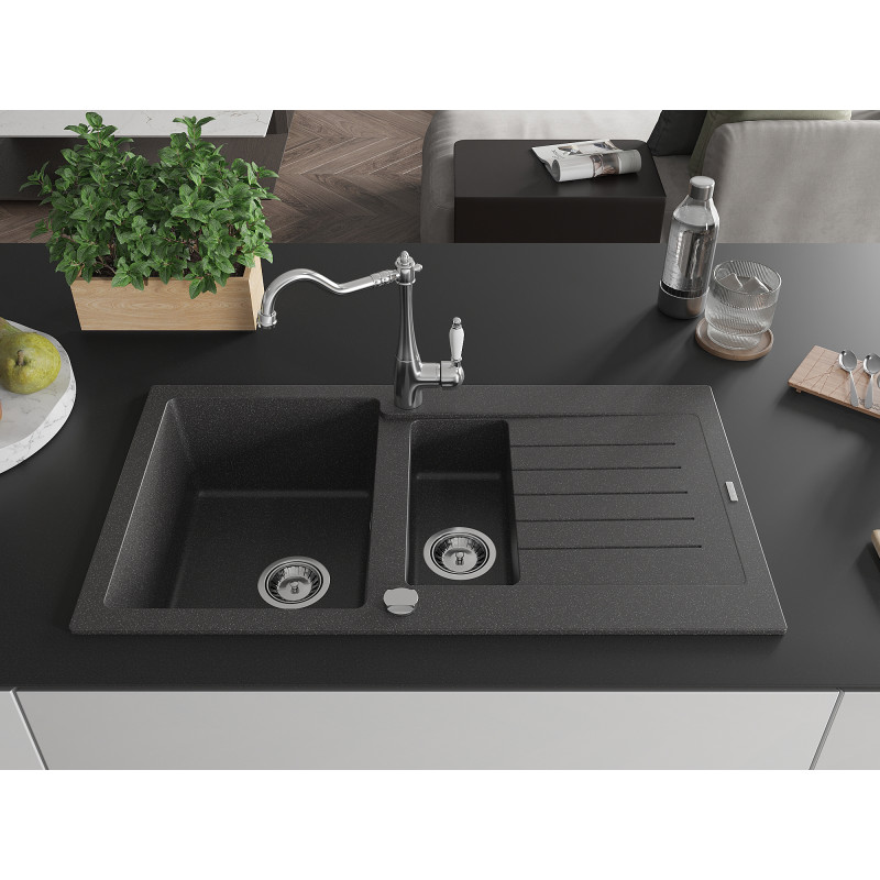 Mexen Matias granite sink 1.5-bowl with drainer and kitchen faucet Carla, speckled black - 6502-76-670700-00