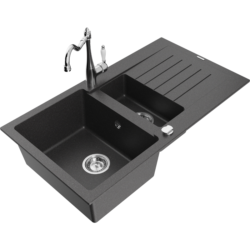 Mexen Matias 1.5-bowl granite sink with drainer and Carla kitchen tap, speckled black - 6502-76-670700-00