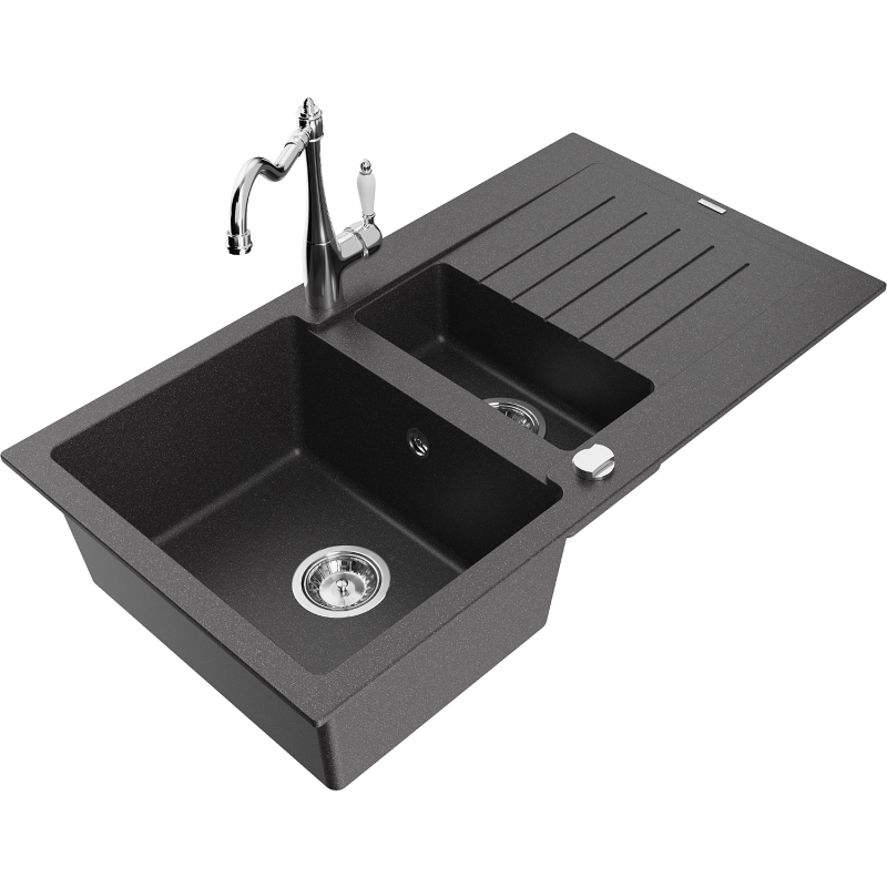Mexen Matias 1.5-compartment granite sink with a drip tray and kitchen mixer tap Carla, spotted black - 6502-76-670700-00