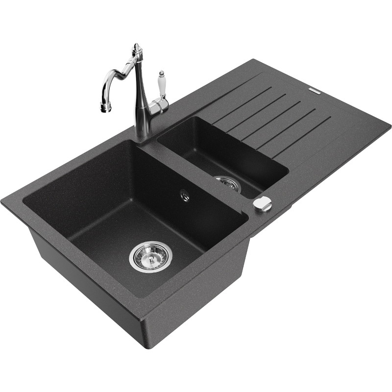 Mexen Matias granite sink 1.5-bowl with drainer and kitchen faucet Carla, black speckled - 6502-76-670700-00