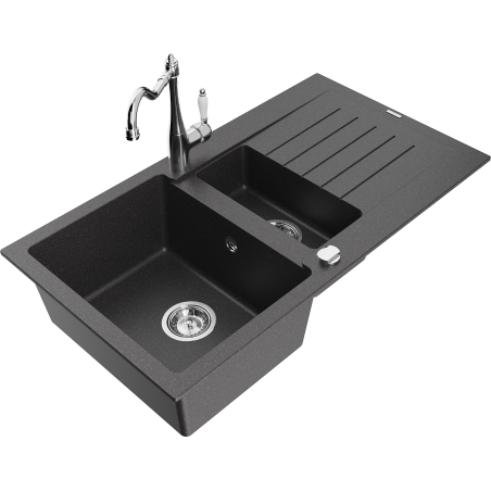 Mexen Matias 1.5-bowl granite sink with drainer and Carla kitchen tap, speckled black - 6502-76-670700-00
