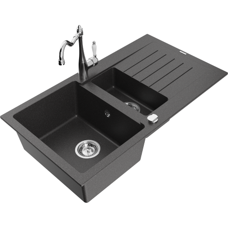 Mexen Matias 1.5-compartment granite sink with a drip tray and kitchen mixer tap Carla, spotted black - 6502-76-670700-00
