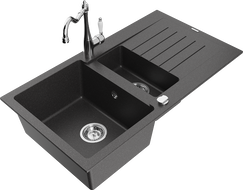 Mexen Matias granite sink 1.5-bowl with drainer and kitchen faucet Carla, black speckled - 6502-76-670700-00