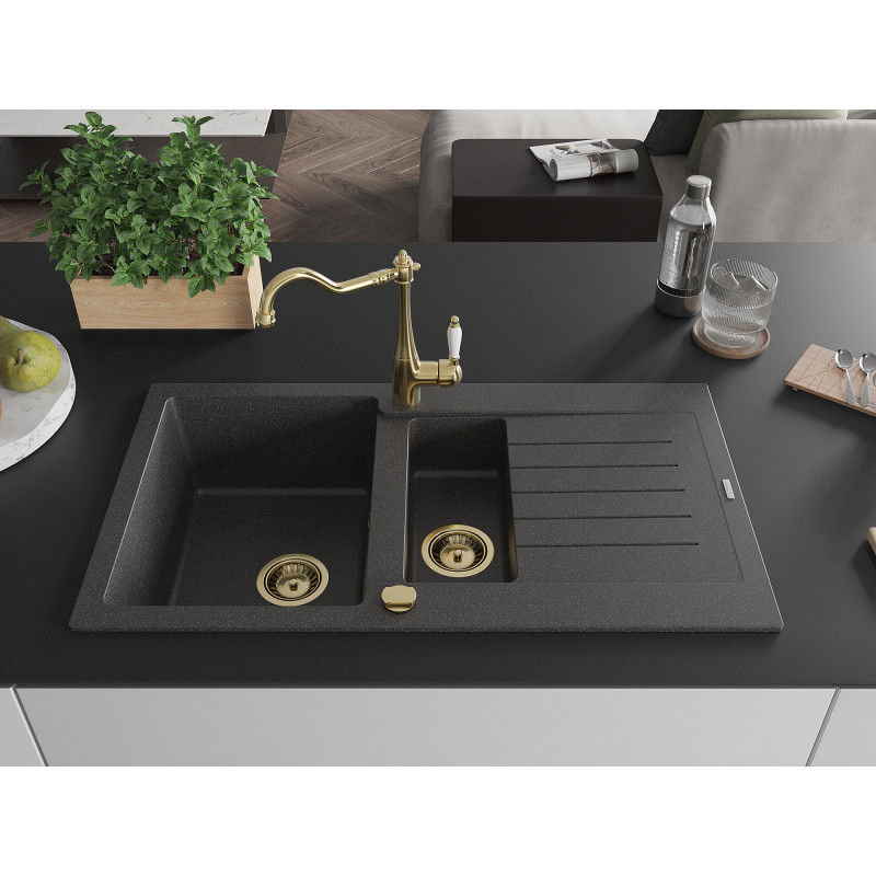 Mexen Matias granite kitchen sink 1.5-bowl with drainer and kitchen faucet Carla, black speckled - 6502-76-670700-50