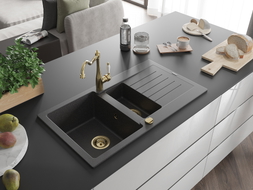 Mexen Matias 1.5-bowl granite kitchen sink with drainer and Carla kitchen faucet, speckled black - 6502-76-670700-50