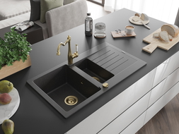 Mexen Matias 1.5-compartment granite sink with a drip tray and kitchen mixer tap Carla, spotted black - 6502-76-670700-50