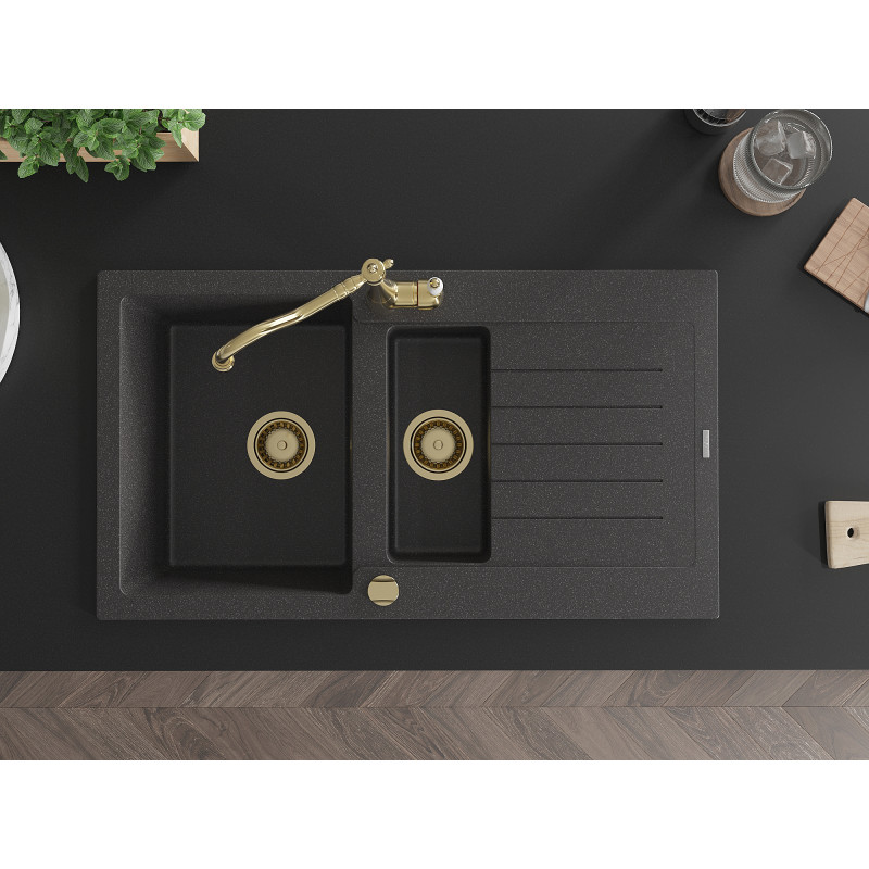 Mexen Matias granite kitchen sink 1.5-bowl with drainer and kitchen faucet Carla, black speckled - 6502-76-670700-50