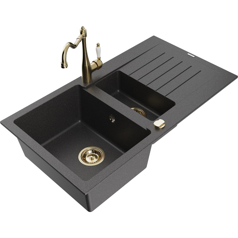 Mexen Matias 1.5-bowl granite kitchen sink with drainer and Carla kitchen faucet, speckled black - 6502-76-670700-50