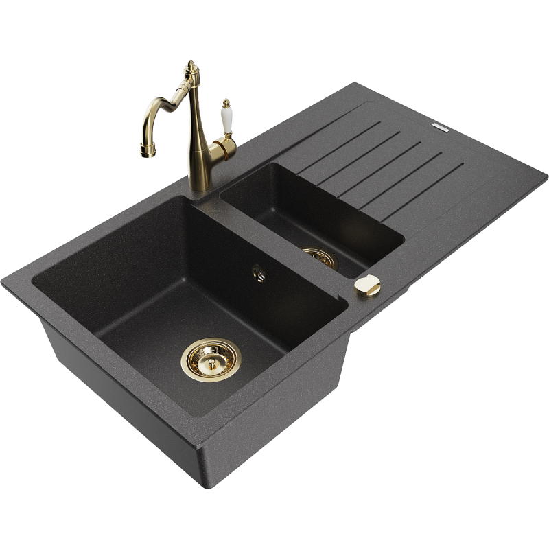 Mexen Matias granite kitchen sink 1.5-bowl with drainer and kitchen faucet Carla, black speckled - 6502-76-670700-50