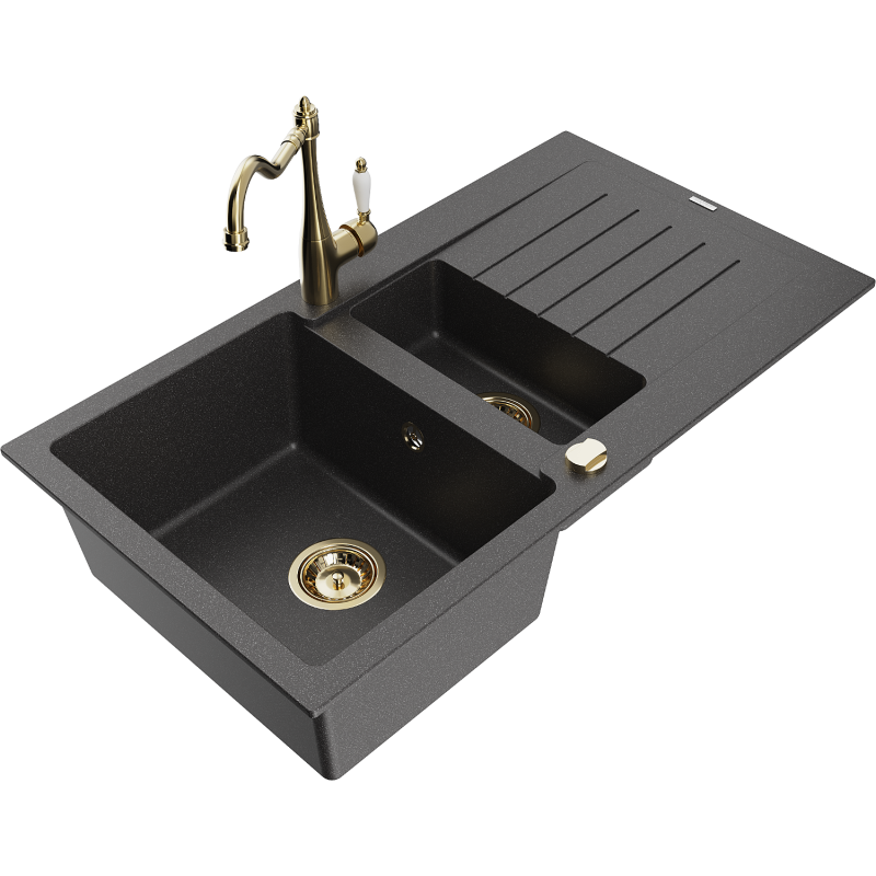 Mexen Matias granite sink 1.5-bowl with drainer and Carla kitchen tap, speckled black - 6502-76-670700-50