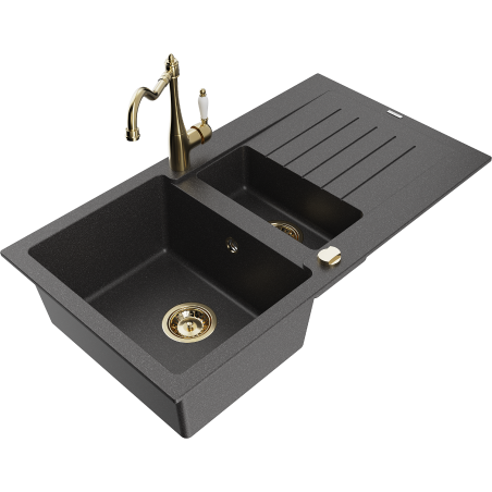 Mexen Matias granite kitchen sink 1.5-bowl with drainer and kitchen faucet Carla, black speckled - 6502-76-670700-50