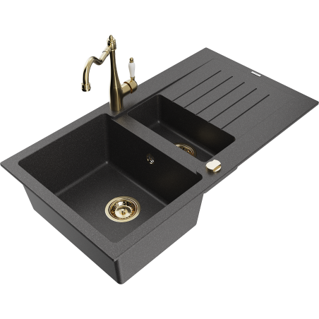 Mexen Matias granite sink 1.5-bowl with drainer and Carla kitchen tap, speckled black - 6502-76-670700-50