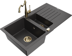 Mexen Matias 1.5-bowl granite kitchen sink with drainer and Carla kitchen faucet, speckled black - 6502-76-670700-50