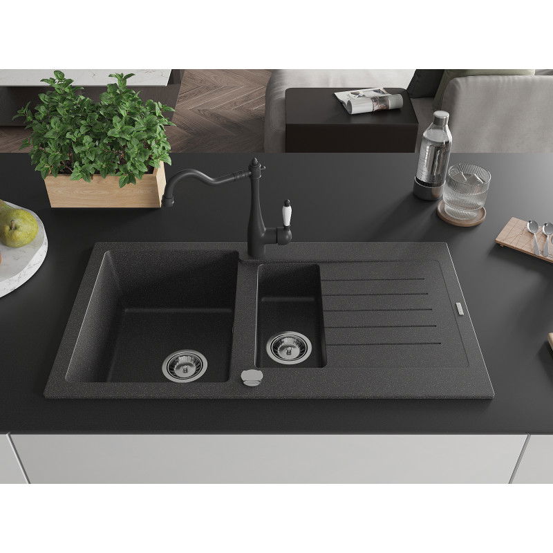 Mexen Matias granite sink 1.5-bowl with drainer and Carla kitchen tap, black speckled - 6502-76-670700-70
