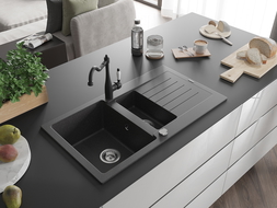 Mexen Matias 1.5-compartment granite sink with a drip tray and kitchen mixer tap Carla, spotted black - 6502-76-670700-70