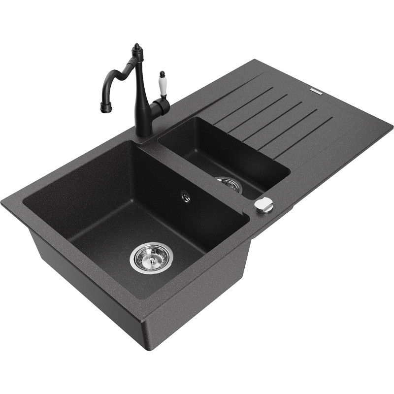Mexen Matias 1.5-bowl granite sink with drainer and kitchen faucet Carla, black speckled - 6502-76-670700-70