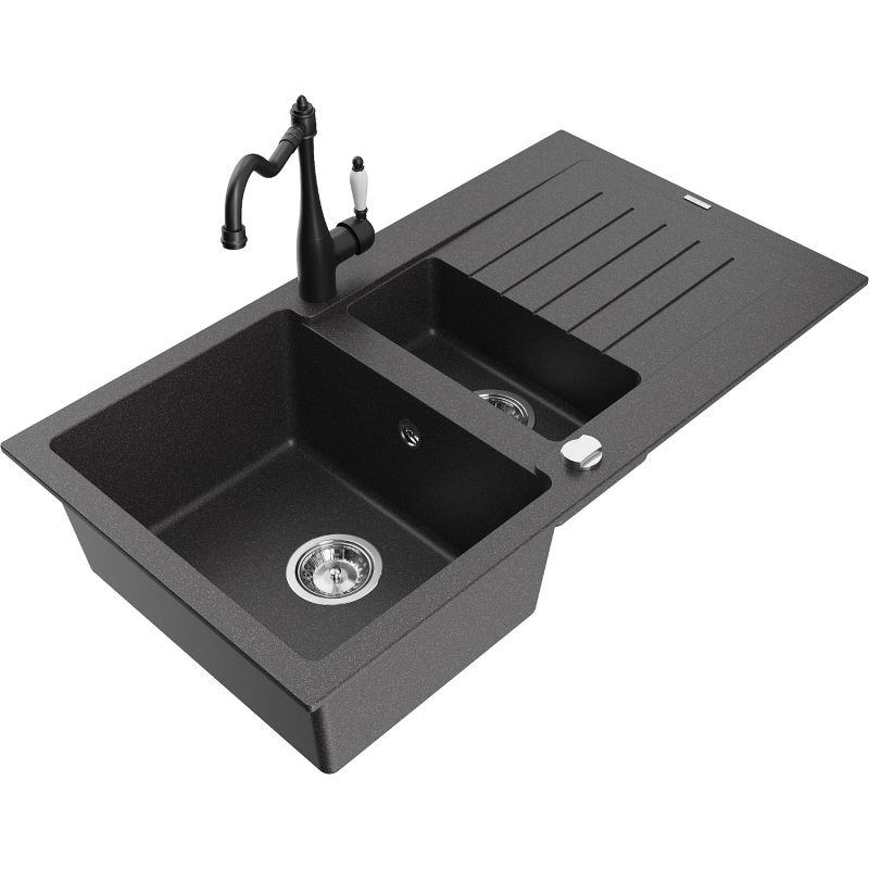 Mexen Matias granite kitchen sink 1.5-bowl with drainer and Carla kitchen faucet, black speckled - 6502-76-670700-70