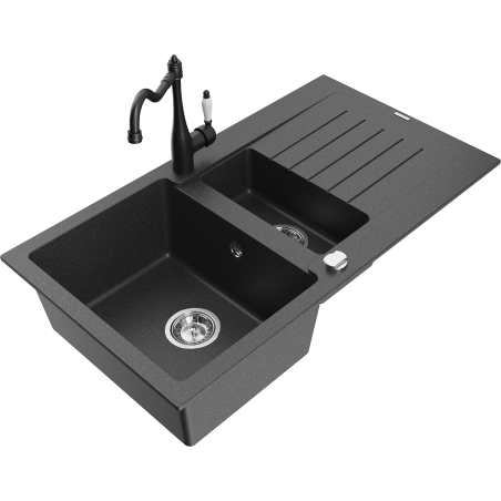 Mexen Matias granite kitchen sink 1.5-bowl with drainer and Carla kitchen faucet, black speckled - 6502-76-670700-70