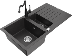 Mexen Matias 1.5-bowl granite sink with drainer and kitchen faucet Carla, black speckled - 6502-76-670700-70