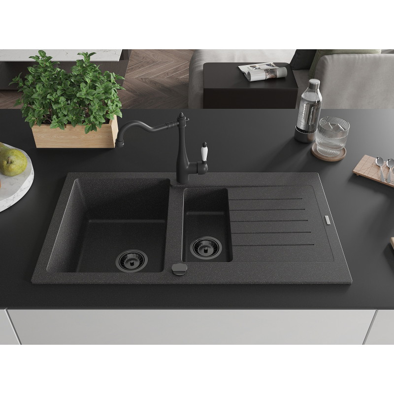 Mexen Matias granite kitchen sink 1.5-bowl with drainer and Carla kitchen faucet, speckled black - 6502-76-670700-70-B