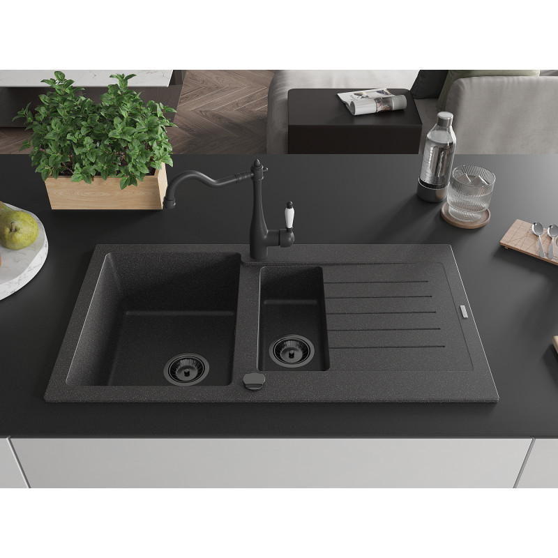 Mexen Matias granite sink 1.5-bowl with drainer and kitchen faucet Carla, black speckled - 6502-76-670700-70-B
