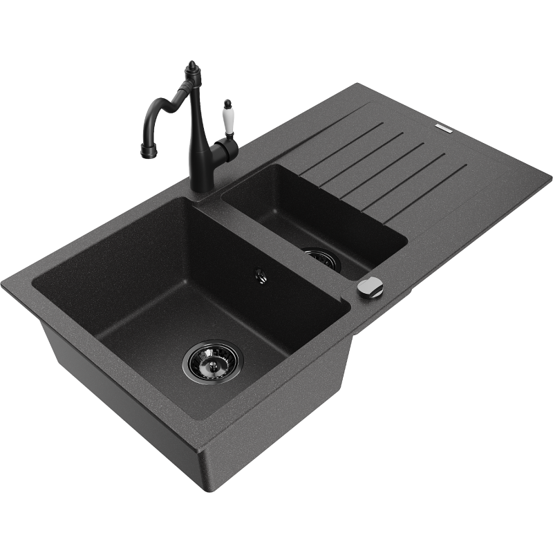 Mexen Matias 1.5-compartment granite sink with a drip tray and kitchen mixer tap Carla, spotted black - 6502-76-670700-70-B