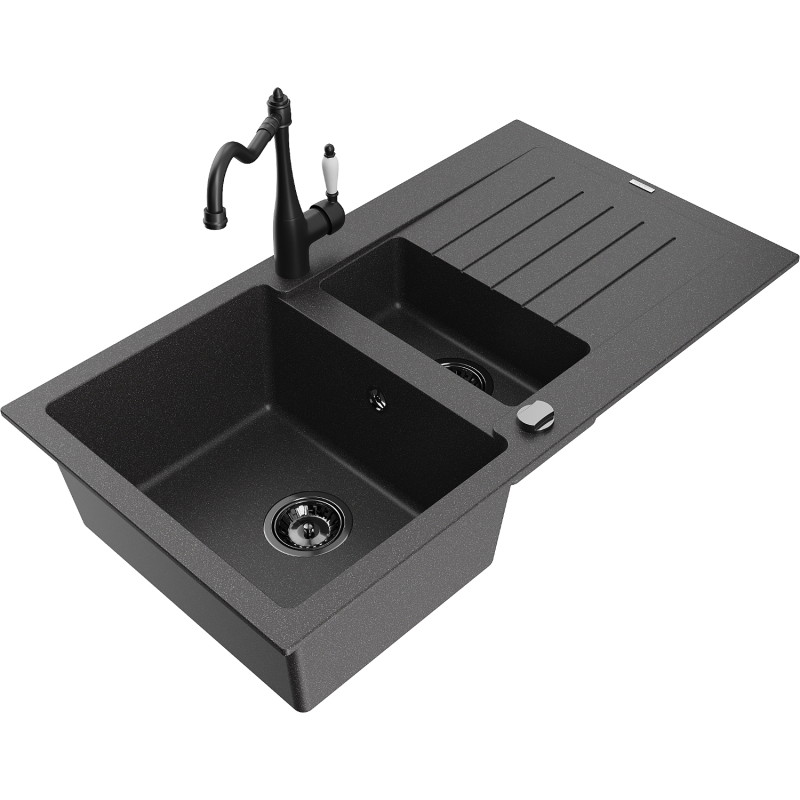 Mexen Matias granite kitchen sink 1.5-bowl with drainer and Carla kitchen faucet, speckled black - 6502-76-670700-70-B