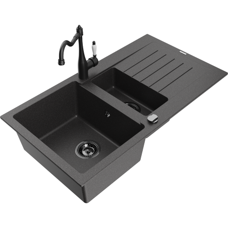 Mexen Matias granite sink 1.5-bowl with drainer and Carla kitchen tap, black speckled - 6502-76-670700-70-B