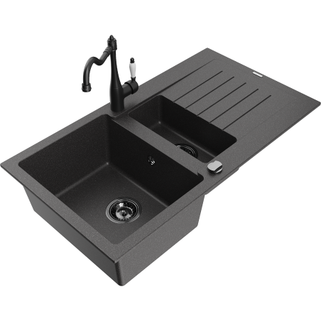 Mexen Matias granite sink 1.5-bowl with drainer and kitchen faucet Carla, black speckled - 6502-76-670700-70-B