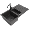 Mexen Matias granite kitchen sink 1.5-bowl with drainer and Carla kitchen faucet, speckled black - 6502-76-670700-70-B