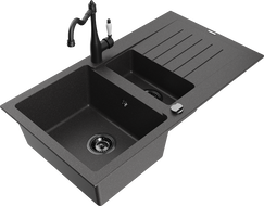 Mexen Matias granite kitchen sink 1.5-bowl with drainer and Carla kitchen faucet, speckled black - 6502-76-670700-70-B