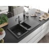 Mexen Matias granite sink 1.5-bowl with drainer and kitchen faucet Carla, black speckled - 6502-76-670700-76