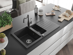 Mexen Matias granite sink 1.5-bowl with drainer and kitchen faucet Carla, black speckled - 6502-76-670700-76