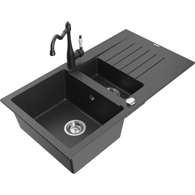 Mexen Matias 1.5-bowl granite kitchen sink with drainer and Carla kitchen tap, speckled black - 6502-76-670700-76