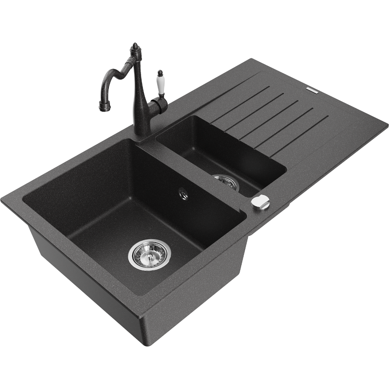 Mexen Matias 1.5-compartment granite sink with a drip tray and kitchen mixer tap Carla, spotted black - 6502-76-670700-76