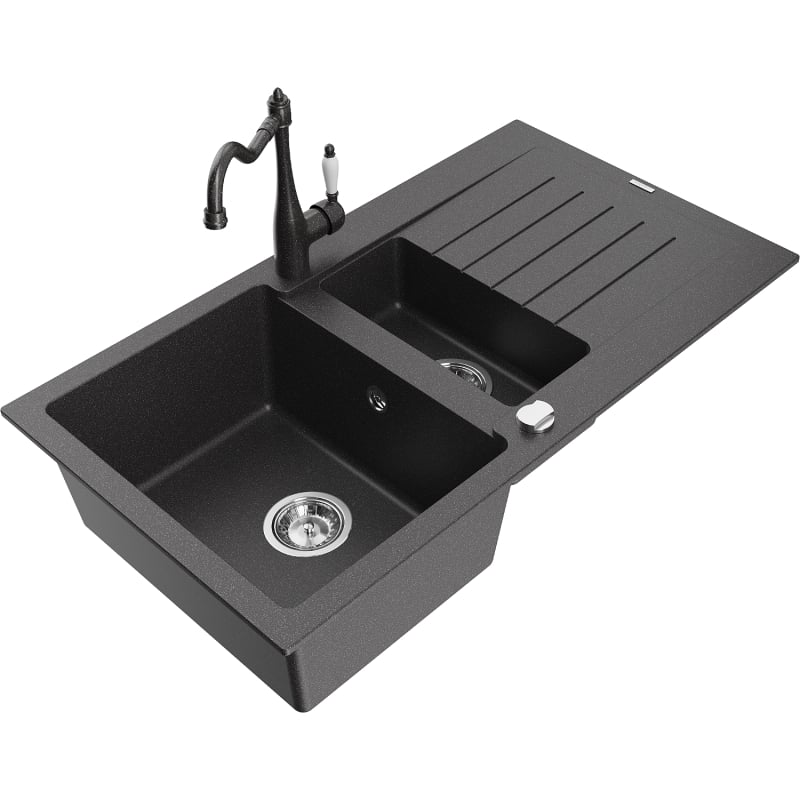 Mexen Matias granite sink 1.5-bowl with drainer and kitchen faucet Carla, black speckled - 6502-76-670700-76