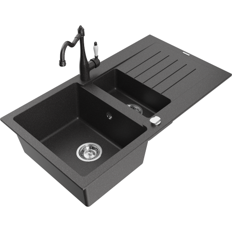 Mexen Matias 1.5-compartment granite sink with a drip tray and kitchen mixer tap Carla, spotted black - 6502-76-670700-76